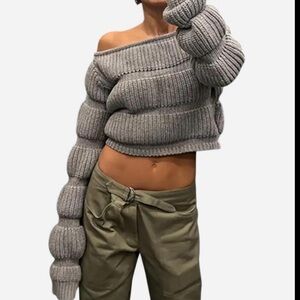 Cozy Gray Off-the-Shoulder Sweater with Chunky Knit